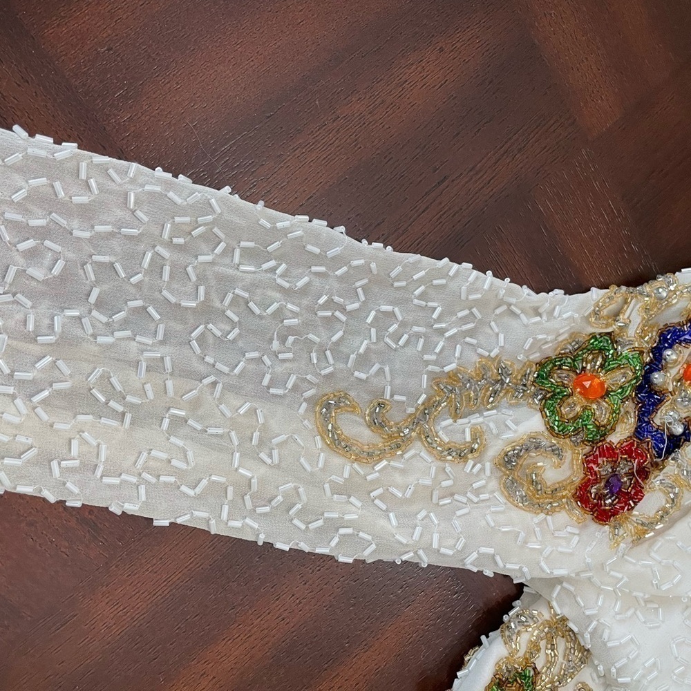 Black tie women’s V TG Floral Sequence beaded long sleeve 100% silk white top - Picture 11 of 11